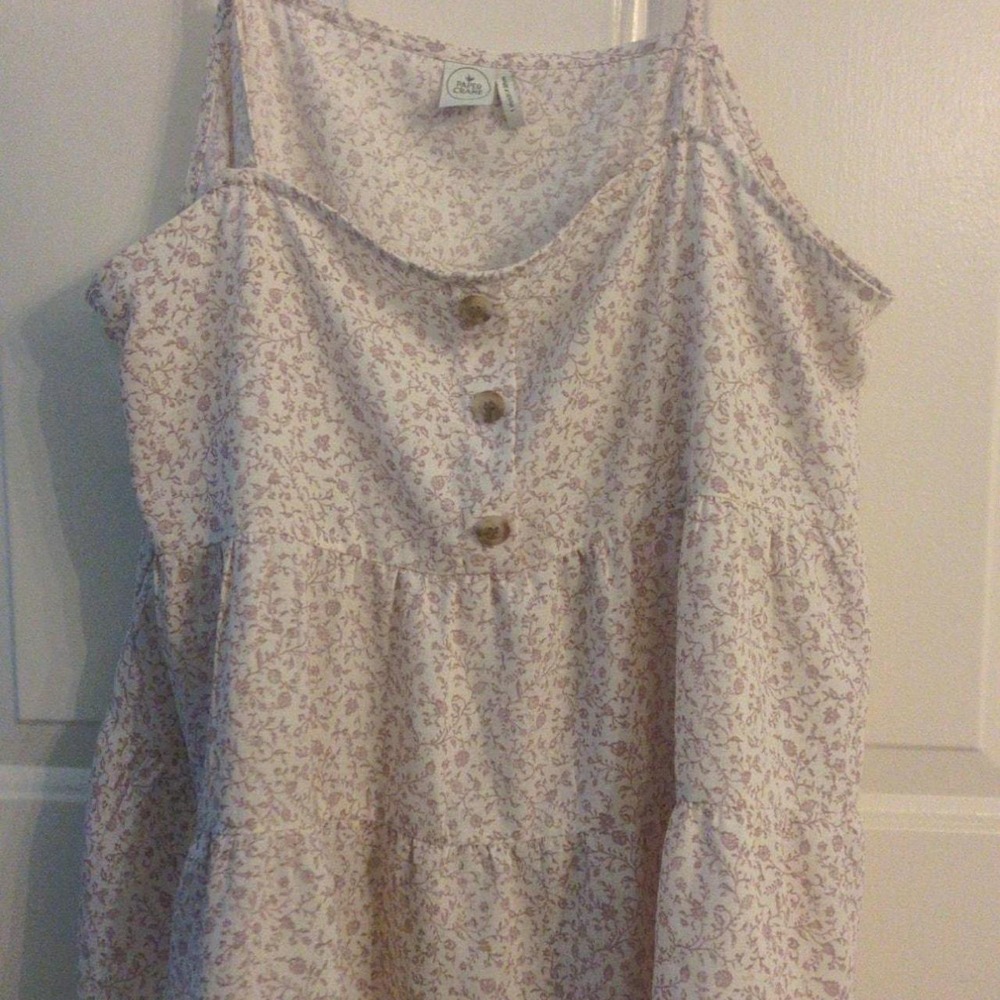 Women's Floral Strappy White & Pink Babydoll Tank, LG, Boho, Cottage, Prairie